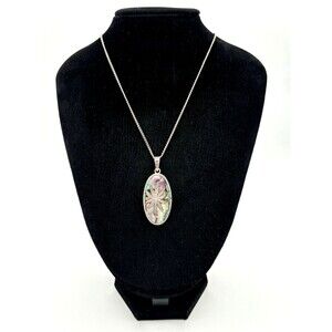 MidCentury Mexico Taxco Sterling Silver 925 Hemp & Abalone Pendant w/metal Chain